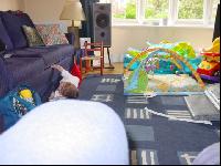 The distance from where he started (in the middle of the mat) to where he ended up!