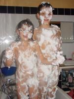 Dan and Emilie covered in foam